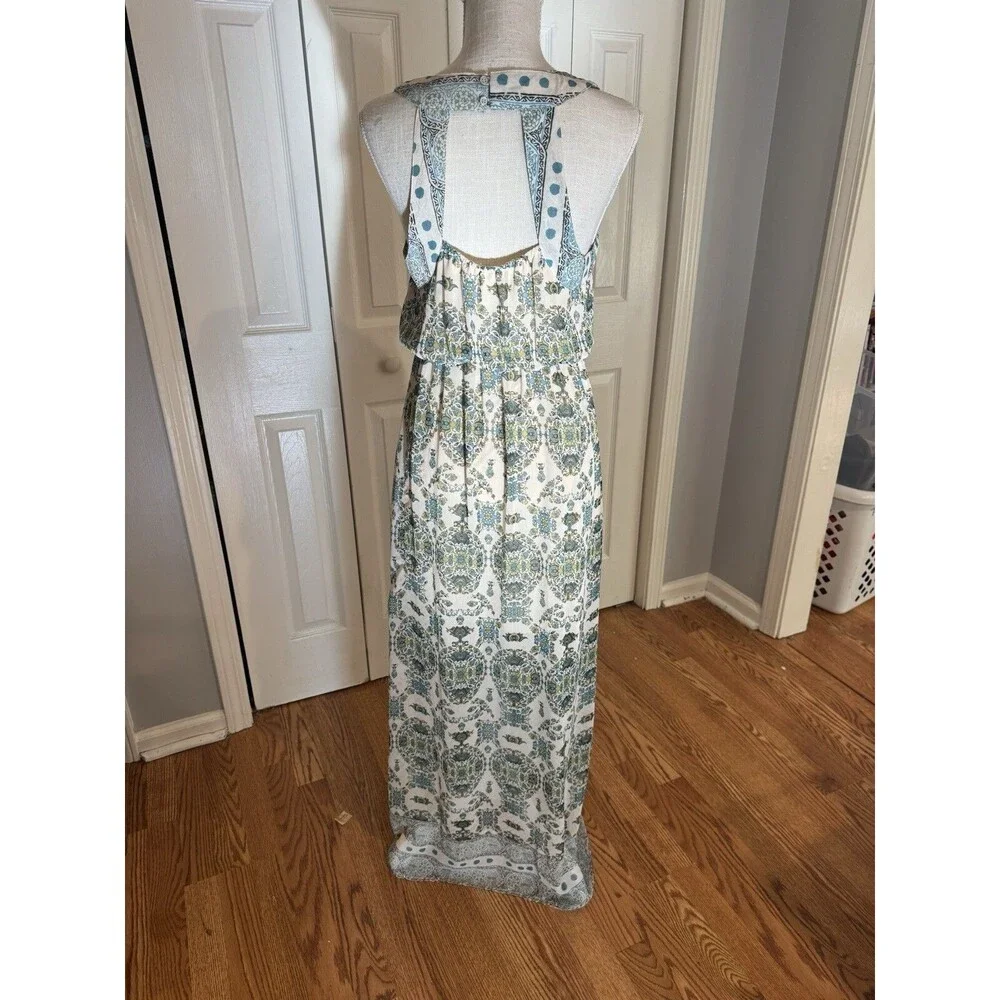 Free People  Green Teal Ivory Moroccan Printed Maxi Dress  Size 4 Cottage Core